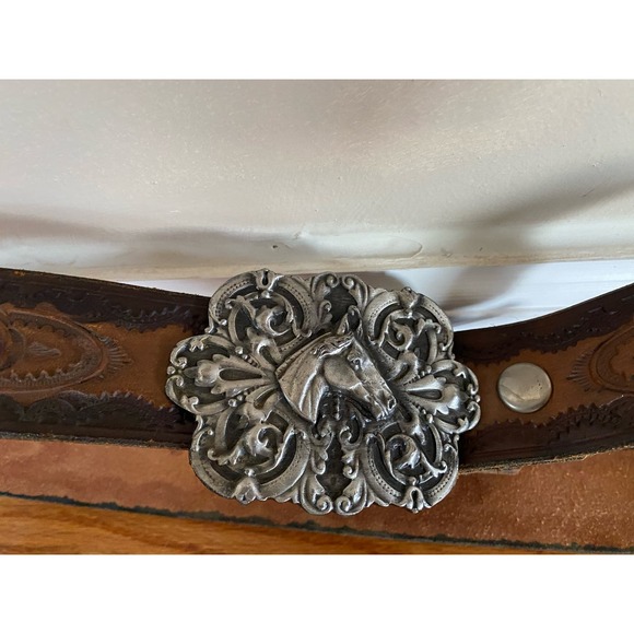 1974 Bergamot Brass Works Equestrian Horse Belt Buckle tooled belt 39”